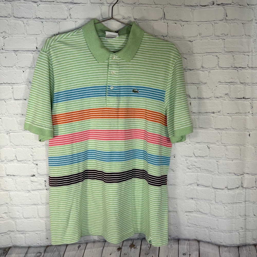 Lacoste Mens Multi Color Striped Pique Polo Shirt Green Size 6 XL RN87651